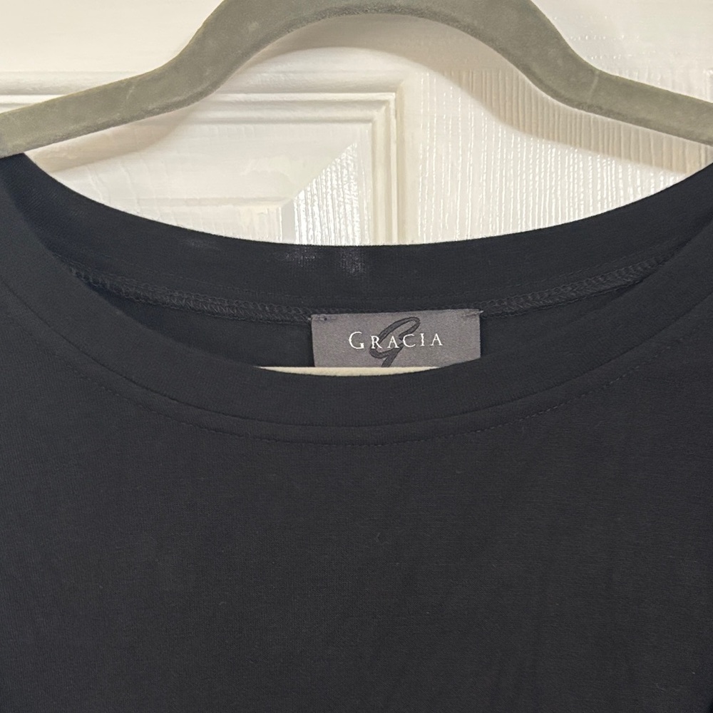 Gracia Black Blouse with Layered faux leather Sleeves - Picture 2 of 4